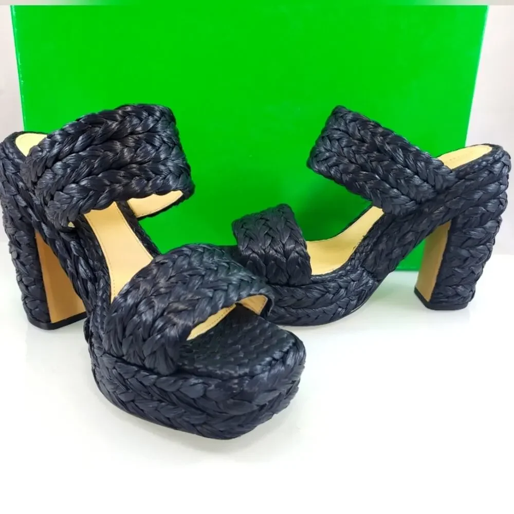 NEW$1,550 Bottega Veneta Trinity Braided Raffia Two-Band Platform Sandals Sz 10